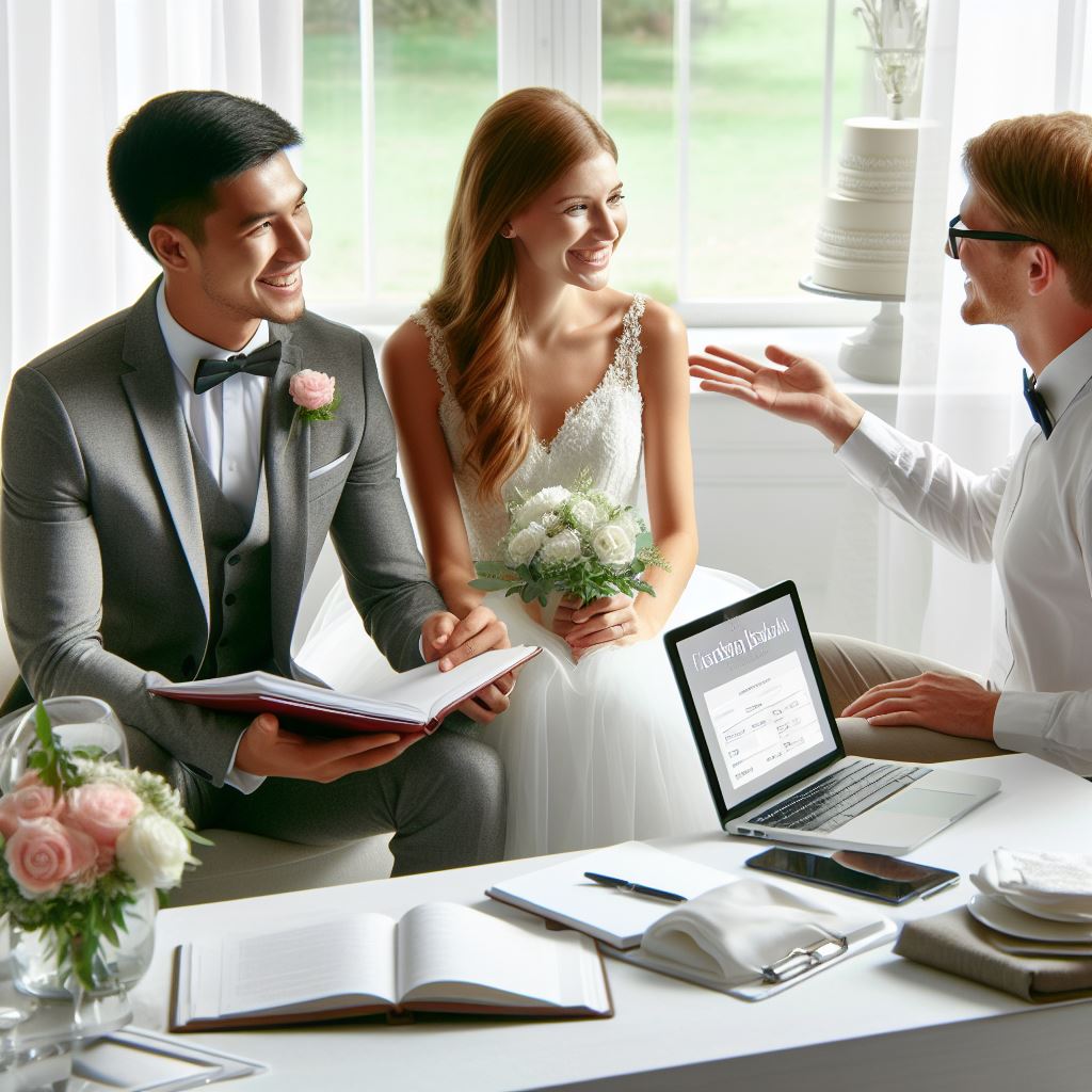 Happy couple sitting with a wedding planner discussing.