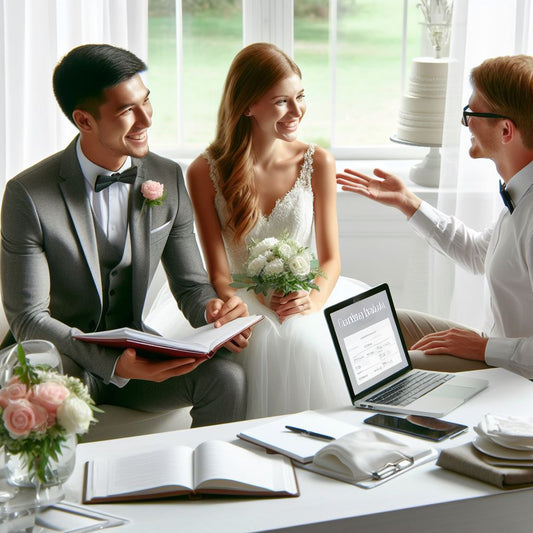 Happy couple sitting with a wedding planner discussing.