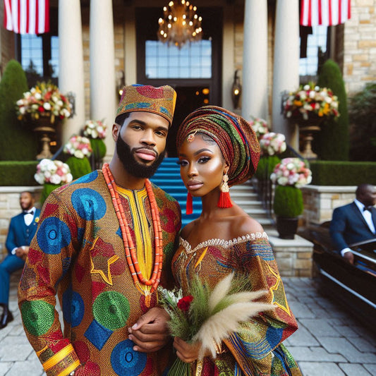 A vibrant Nigerian wedding ceremony in Atlanta, showcasing a couple dressed in traditional attire.