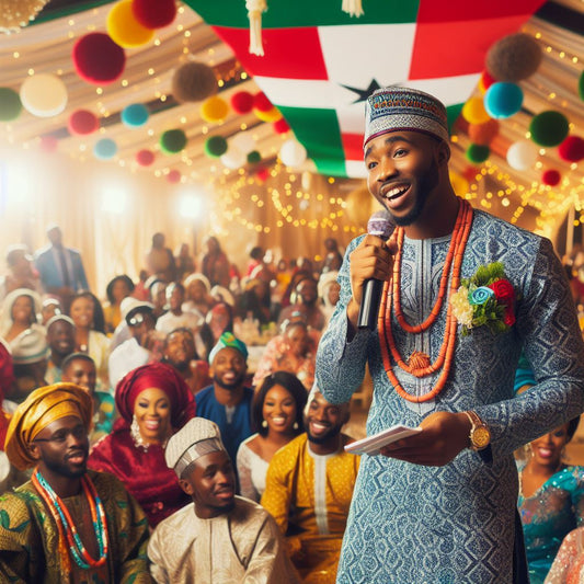 A lively Nigerian wedding in Texas, with the MC in traditional attire, engaging the crowd.