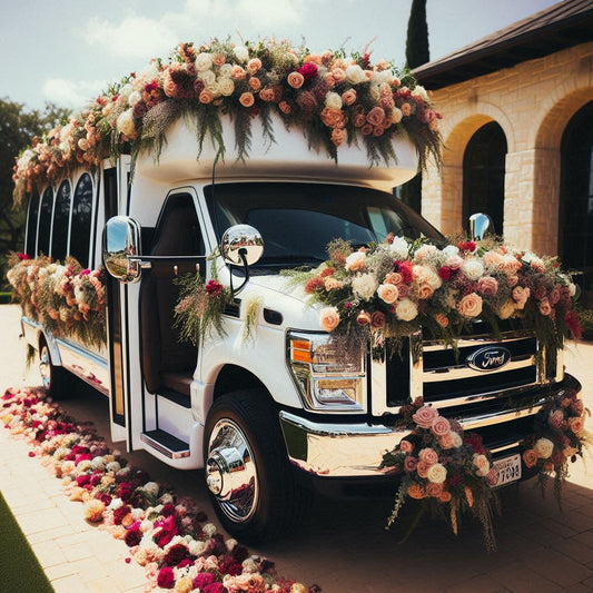 a luxurious shuttle decorated with flowers, for transporting guests to and from a stylish wedding venue in Texas.