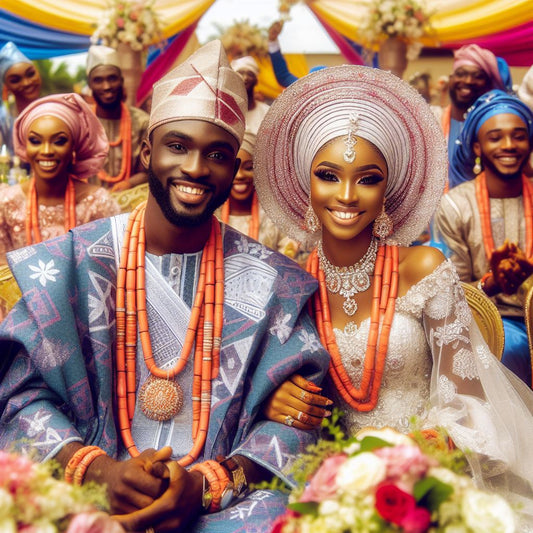 Joyful couple adorned in traditional Nigerian wedding attire, surrounded by colorful decorations and smiling guests.
