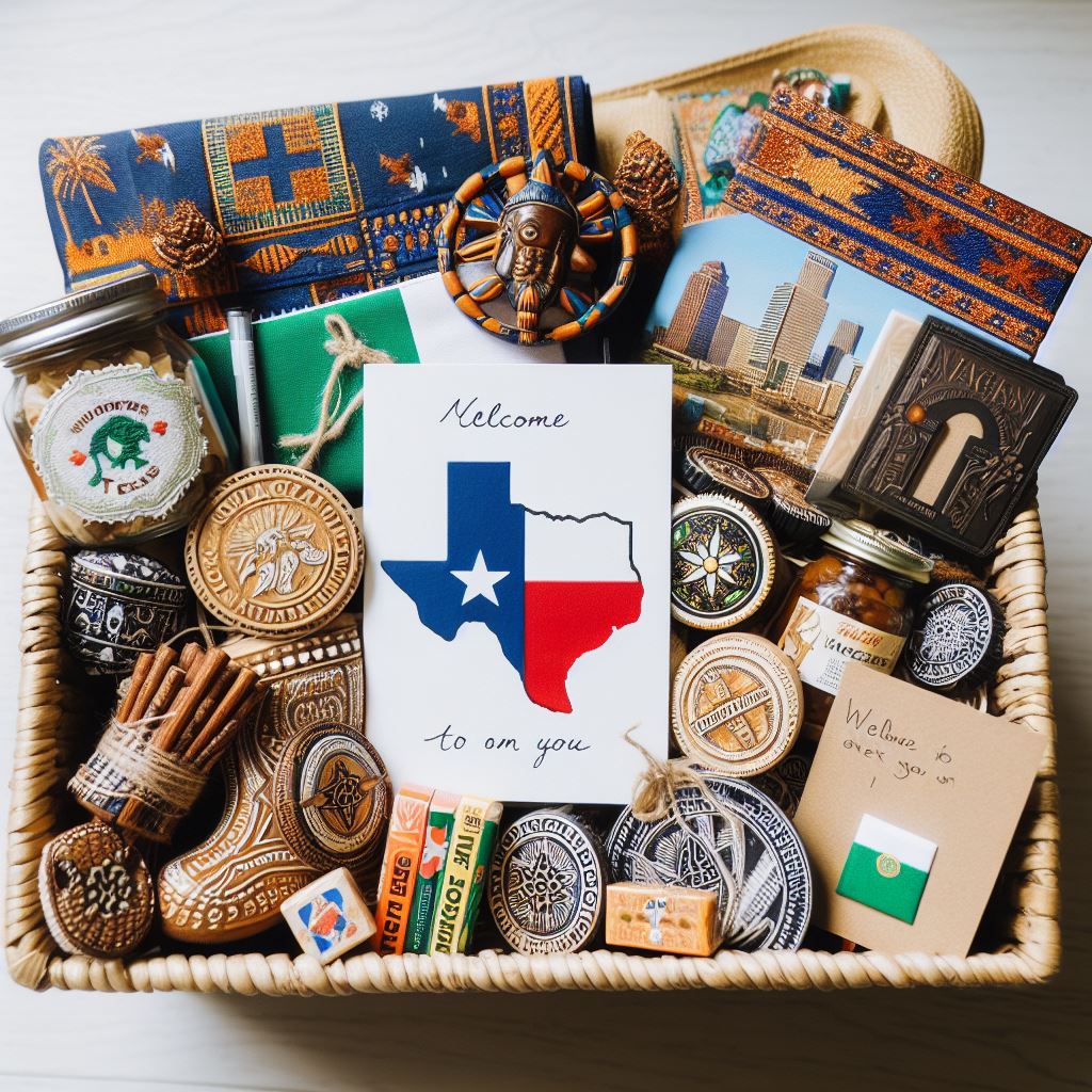 A beautifully arranged welcome pack featuring local Texas souvenirs, Nigerian cultural symbols, and a handwritten note of gratitude.