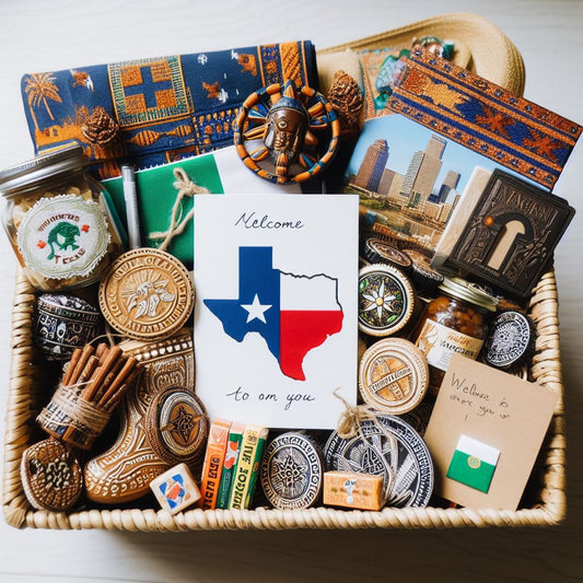 A beautifully arranged welcome pack featuring local Texas souvenirs, Nigerian cultural symbols, and a handwritten note of gratitude.
