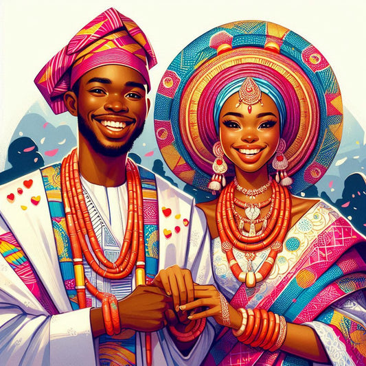 A happy Nigerian couple dressed in traditional attire in Texas.