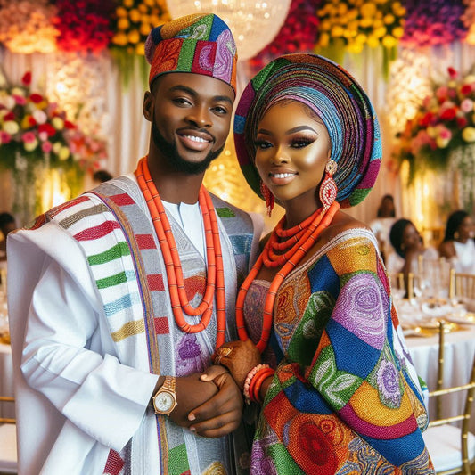 A vibrant Yoruba traditional wedding in Atlanta would showcase a couple in traditional attire—bride in a beautifully embroidered Aso Ebi with a colorful gele, and groom in a stylish Agbada.
