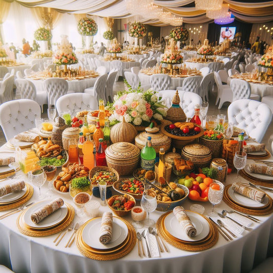 A beautifully decorated Nigerian wedding drink and food.