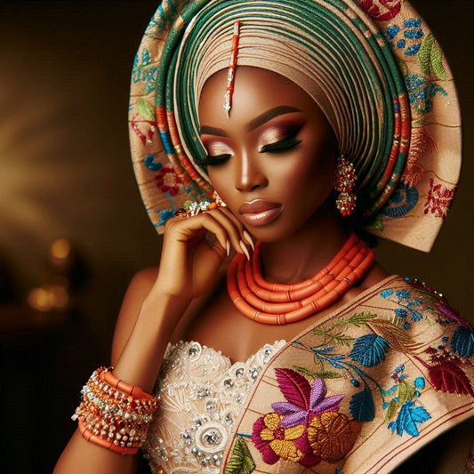 Nigerian bride stands gracefully, adorned in a vibrant Aso Oke outfit, complete with a head tie, wrap skirt, and intricate embroidery.