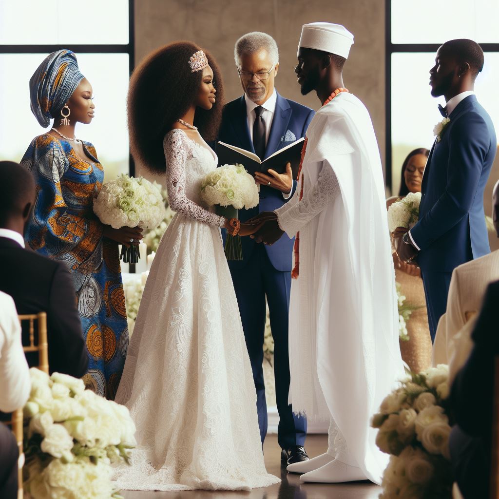 A couple surrounded by family and friends, exchanging vows in a scenic Texas setting.