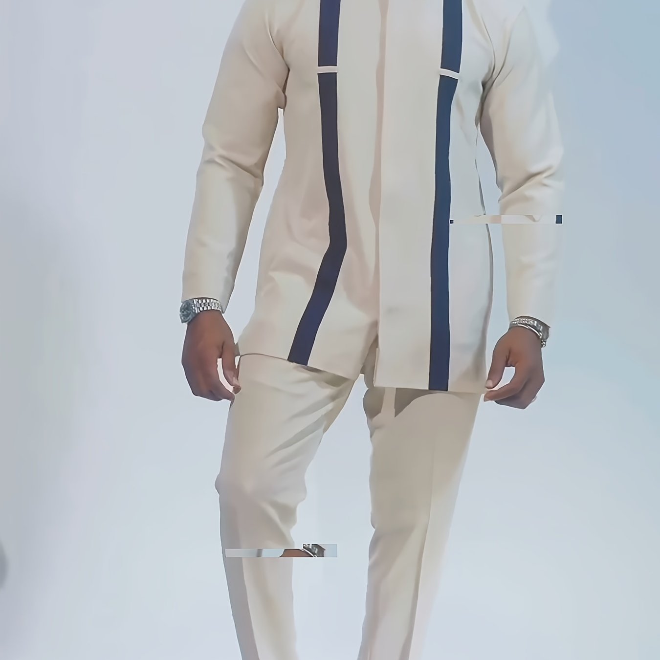 African Men Kaftan, Men's Outfit Set, Stripe Pattern Crew Neck Long Sleeve Robe, Drawstring Trousers