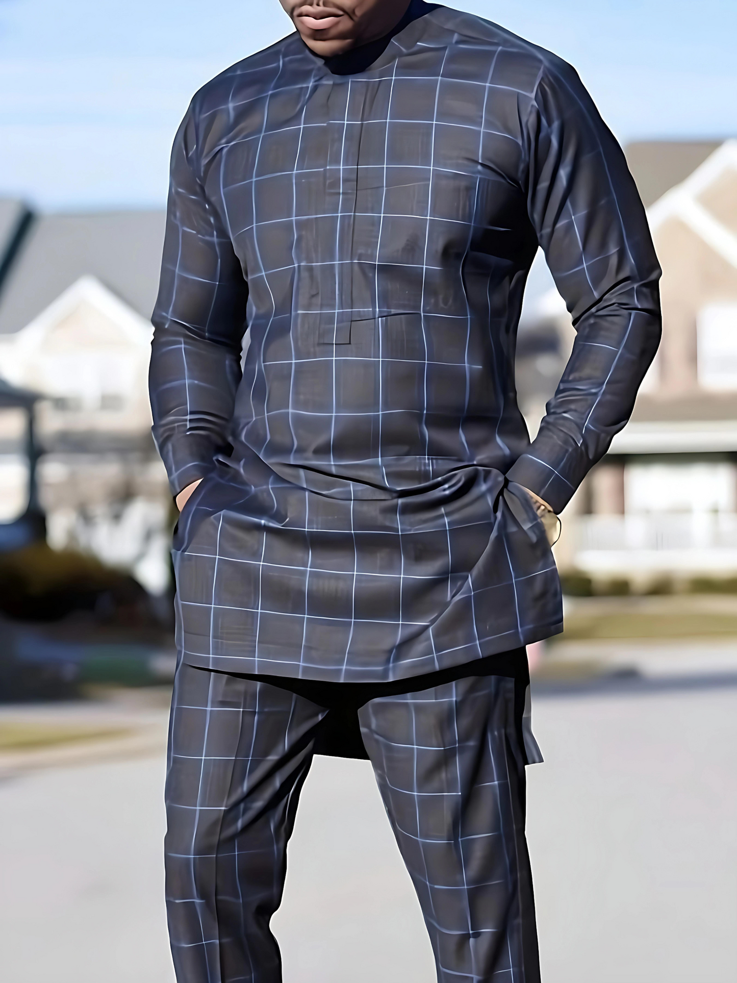 African men's outfit set, checkered pattern robes, drawstring trousers, cultural attire, men's fashion