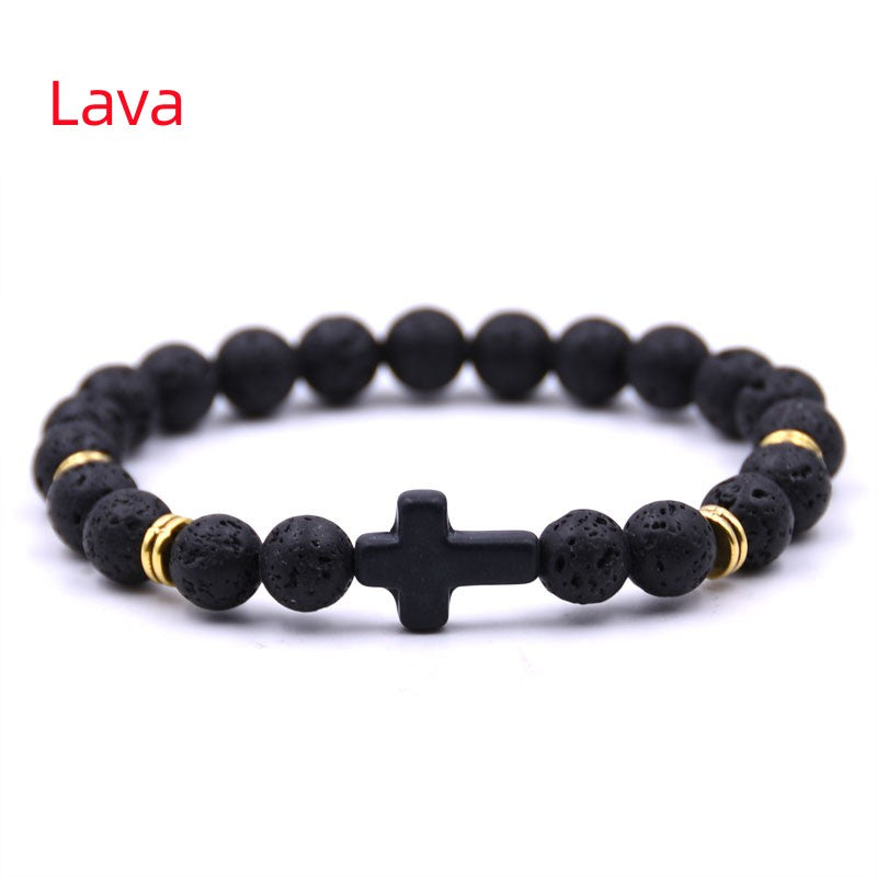 Stone bracelet with cross charm, Adjustable elastic bracelet, Natural stone jewelry for men and women, Handmade multi-color bracelet