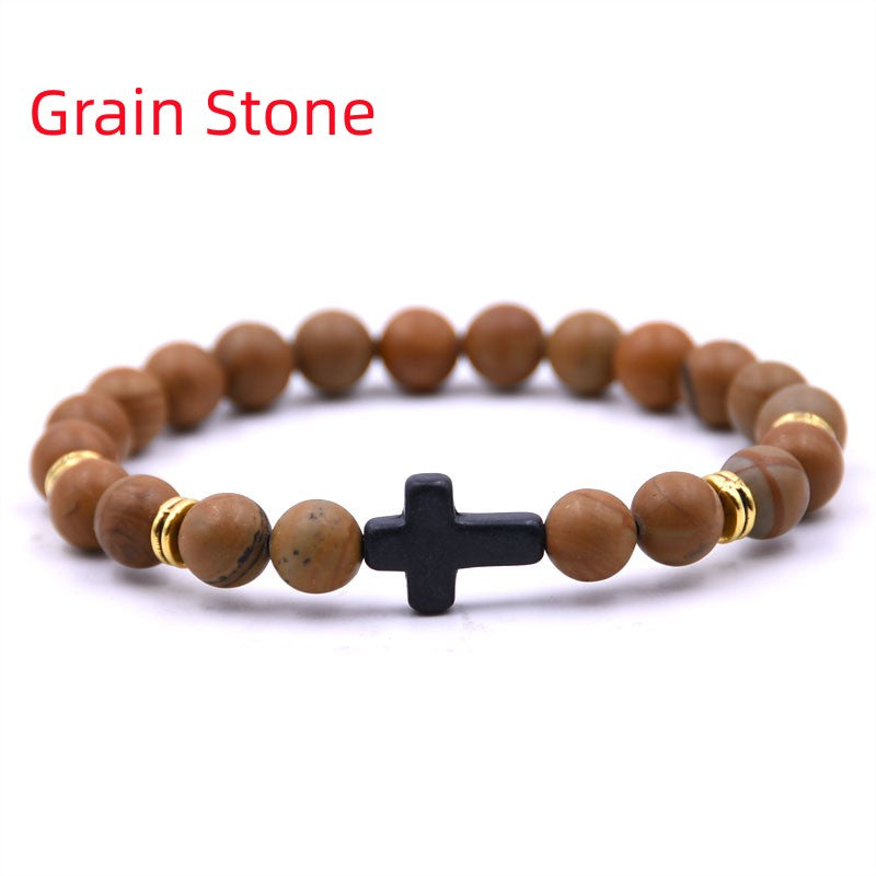 Stone bracelet with cross charm, Adjustable elastic bracelet, Natural stone jewelry for men and women, Handmade multi-color bracelet