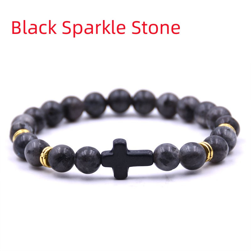 Stone bracelet with cross charm, Adjustable elastic bracelet, Natural stone jewelry for men and women, Handmade multi-color bracelet