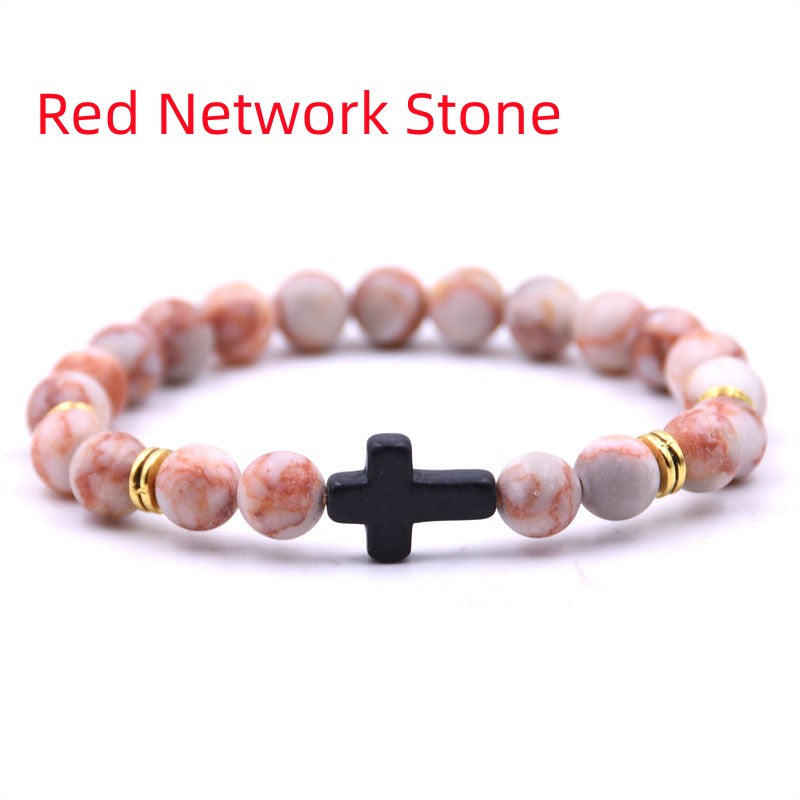 Stone bracelet with cross charm, Adjustable elastic bracelet, Natural stone jewelry for men and women, Handmade multi-color bracelet