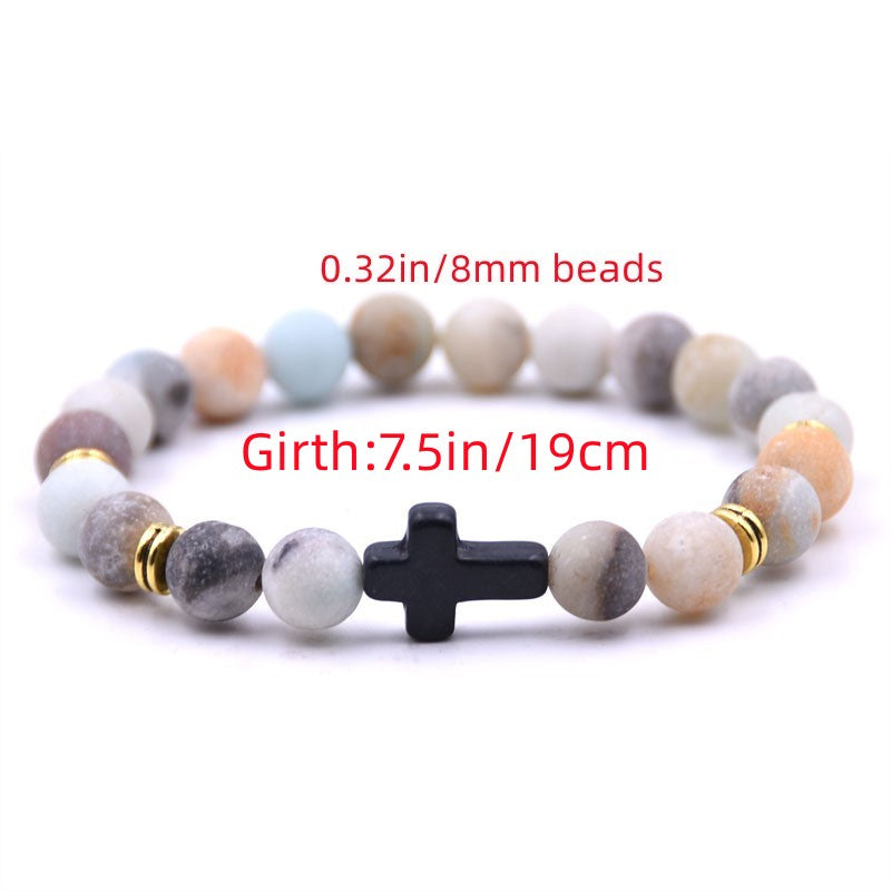 Stone bracelet with cross charm, Adjustable elastic bracelet, Natural stone jewelry for men and women, Handmade multi-color bracelet