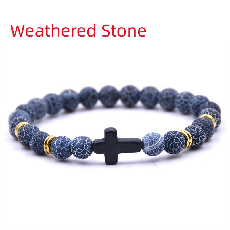 Stone bracelet with cross charm, Adjustable elastic bracelet, Natural stone jewelry for men and women, Handmade multi-color bracelet
