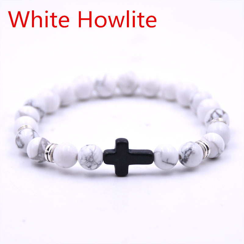 Natural Stone Elasticity Bracelet with Black Cross
