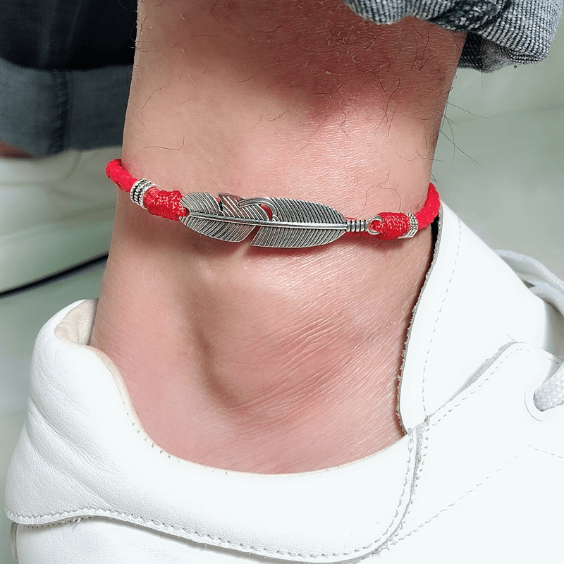 Handmade men's vintage feather anklet in red rope, Classy alloy foot accessory in black rope, Mixed color rope vintage feather anklet for men.