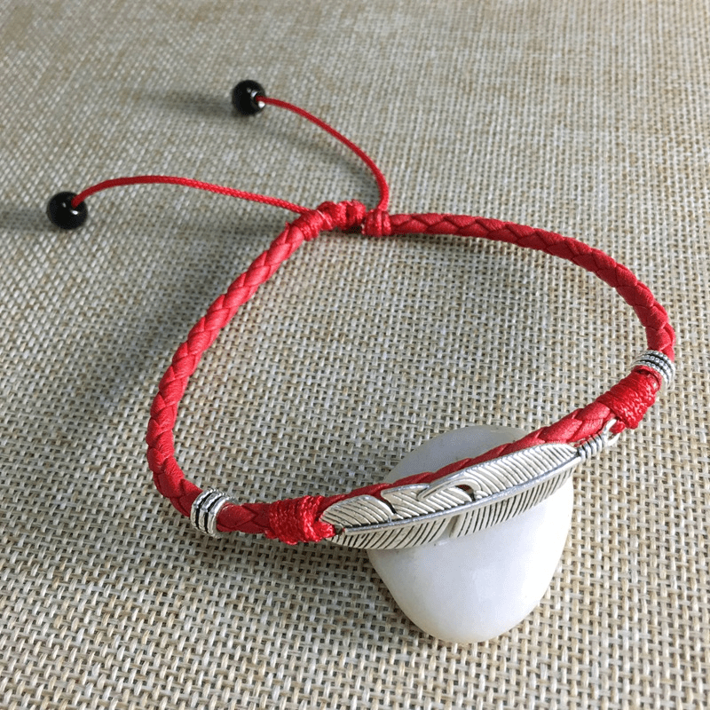 Handmade men's vintage feather anklet in red rope, Classy alloy foot accessory in black rope, Mixed color rope vintage feather anklet for men.