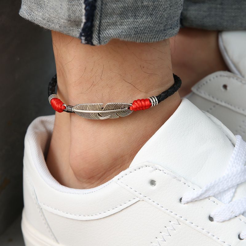 Handmade men's vintage feather anklet in red rope, Classy alloy foot accessory in black rope, Mixed color rope vintage feather anklet for men.