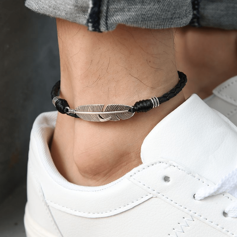 Handmade men's vintage feather anklet in red rope, Classy alloy foot accessory in black rope, Mixed color rope vintage feather anklet for men.