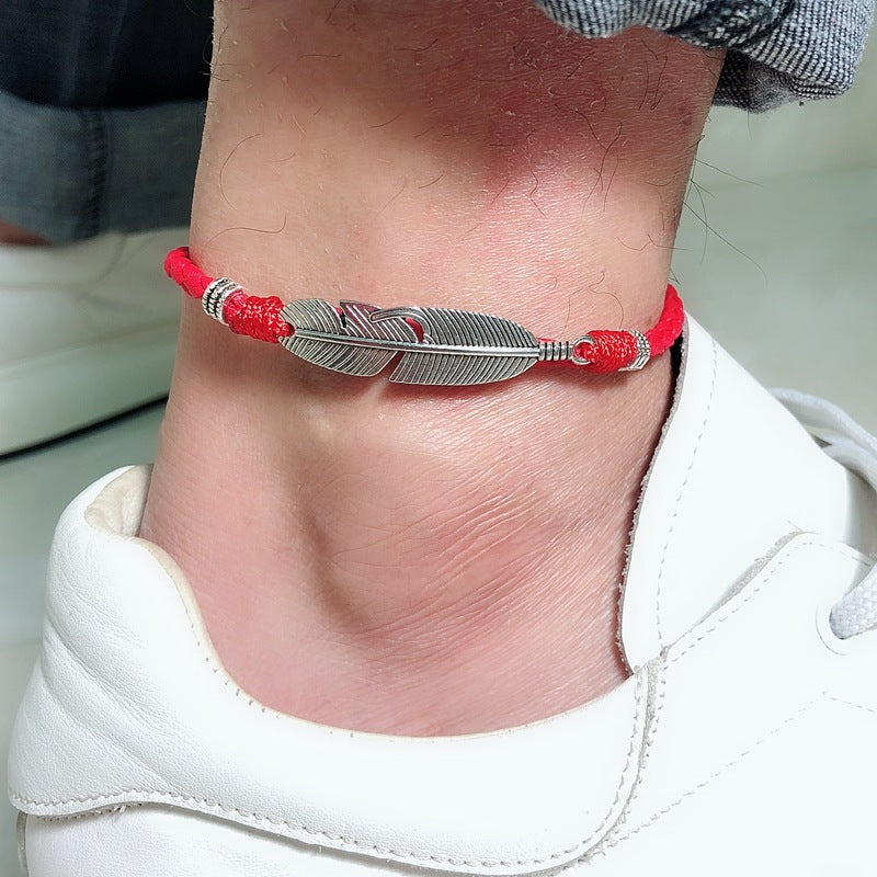 Handmade men's vintage feather anklet in red rope, Classy alloy foot accessory in black rope, Mixed color rope vintage feather anklet for men.