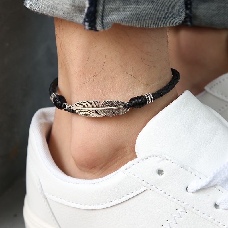 Handmade men's vintage feather anklet in red rope, Classy alloy foot accessory in black rope, Mixed color rope vintage feather anklet for men.