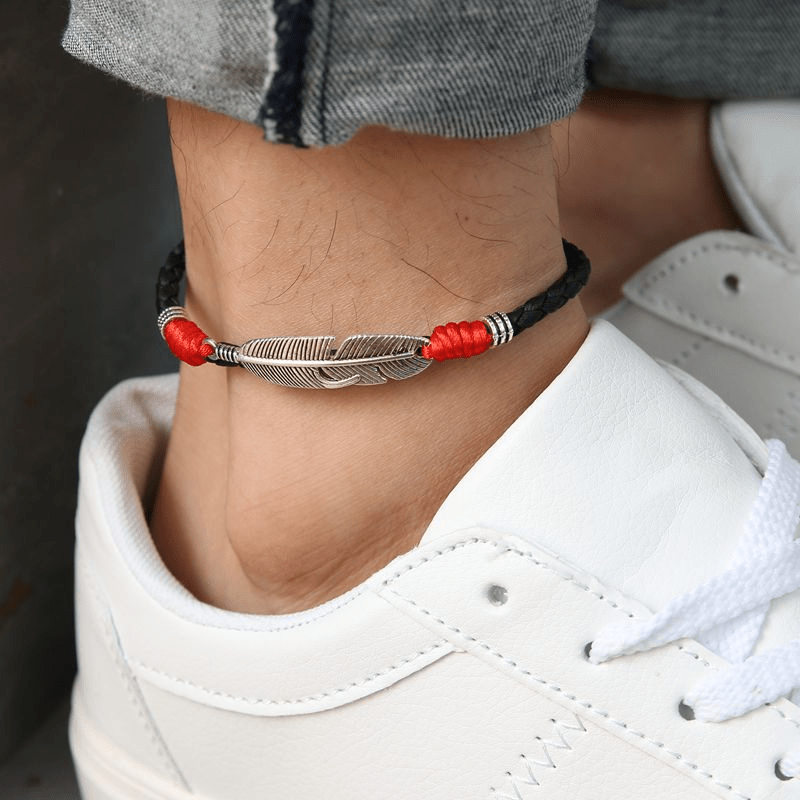Handmade men's vintage feather anklet in red rope, Classy alloy foot accessory in black rope, Mixed color rope vintage feather anklet for men.