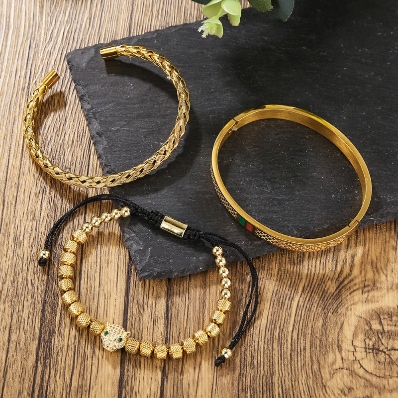 Stainless Steel Cheetah Bracelet, Men's Golden Jewelry, Adjustable Fashion Accessory
