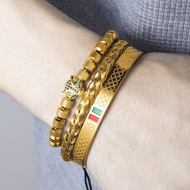 Stainless Steel Cheetah Bracelet, Men's Golden Jewelry, Adjustable Fashion Accessory