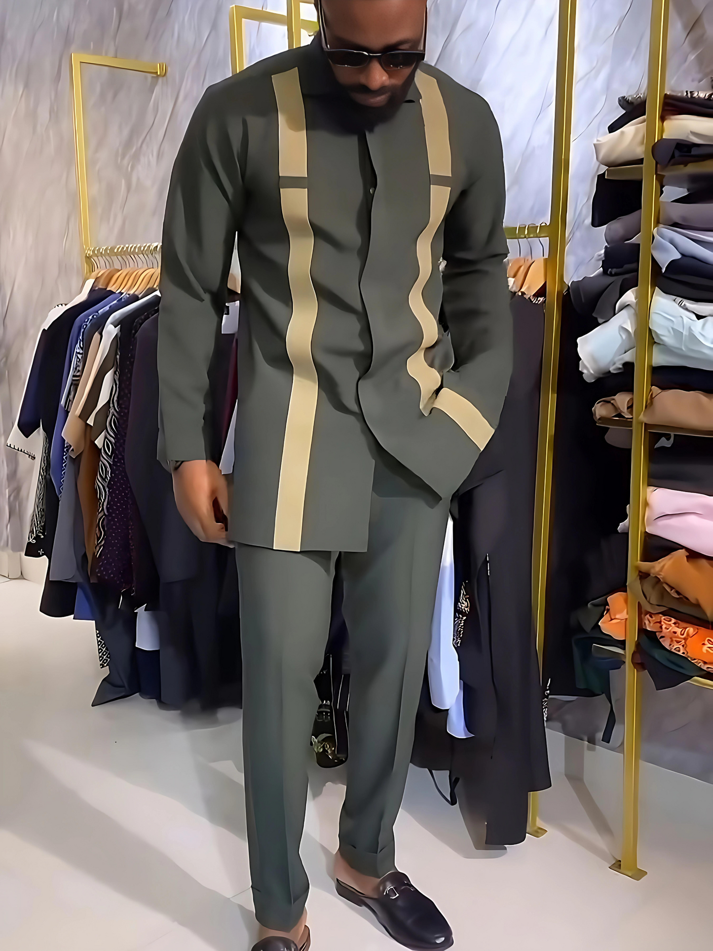 African Men Kaftan, Men's Outfit Set, Stripe Pattern Crew Neck Long Sleeve Robe, Drawstring Trousers