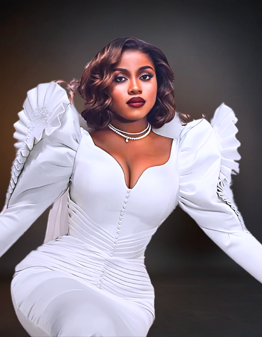 luxurious mermaid wedding dress, featuring elegant puff shoulders. The dress is intricately designed with exquisite details and a flattering silhouette, perfect for a sophisticated and glamorous wedding.