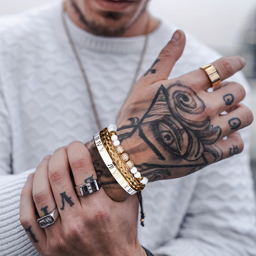 Luxurious gold-plated men's bracelet with skull and Roman numerals design