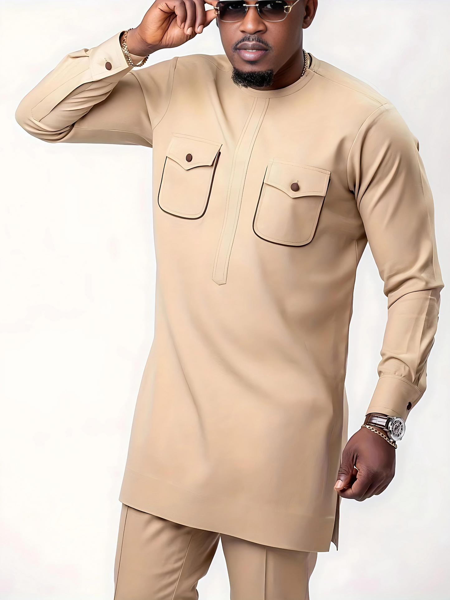 African men kaftan, Cultural outfit set, Crew neck shirt, Tailored trousers, Men's fashion