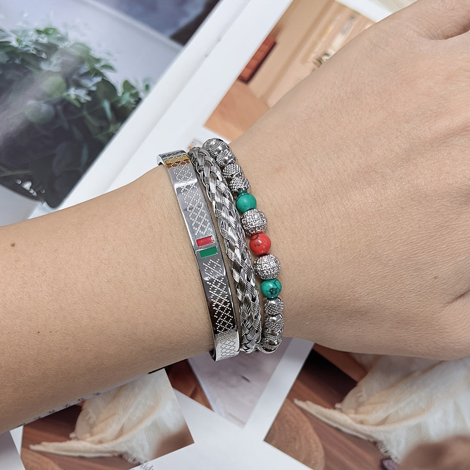 Vibrant Crystal Beaded Bracelets, Men's Fashion Accessories, Couples Jewelry, Enamel Green Red Bangles