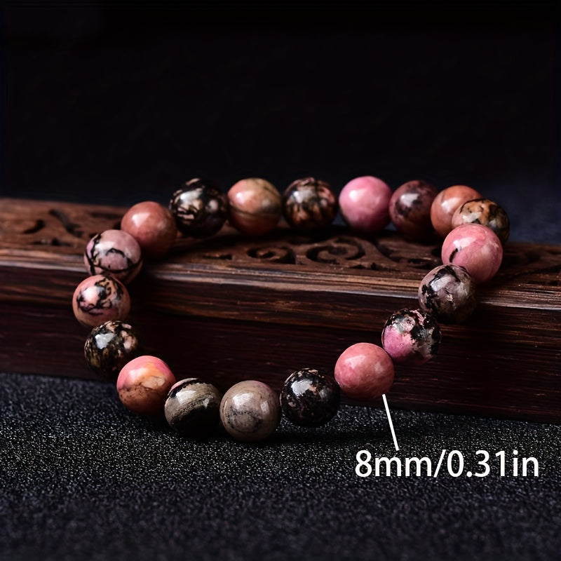 Black Line Rhodochrosite Round Bead Bracelet for Men | Black & Nude