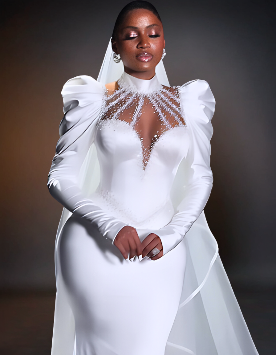 Luxury Puff Hand Breast Tube Corset Wedding Dress, features a high neck and a fitted bodice with a corset design. The upper part of the dress has puffed sleeves that add an elegant touch to the overall look.