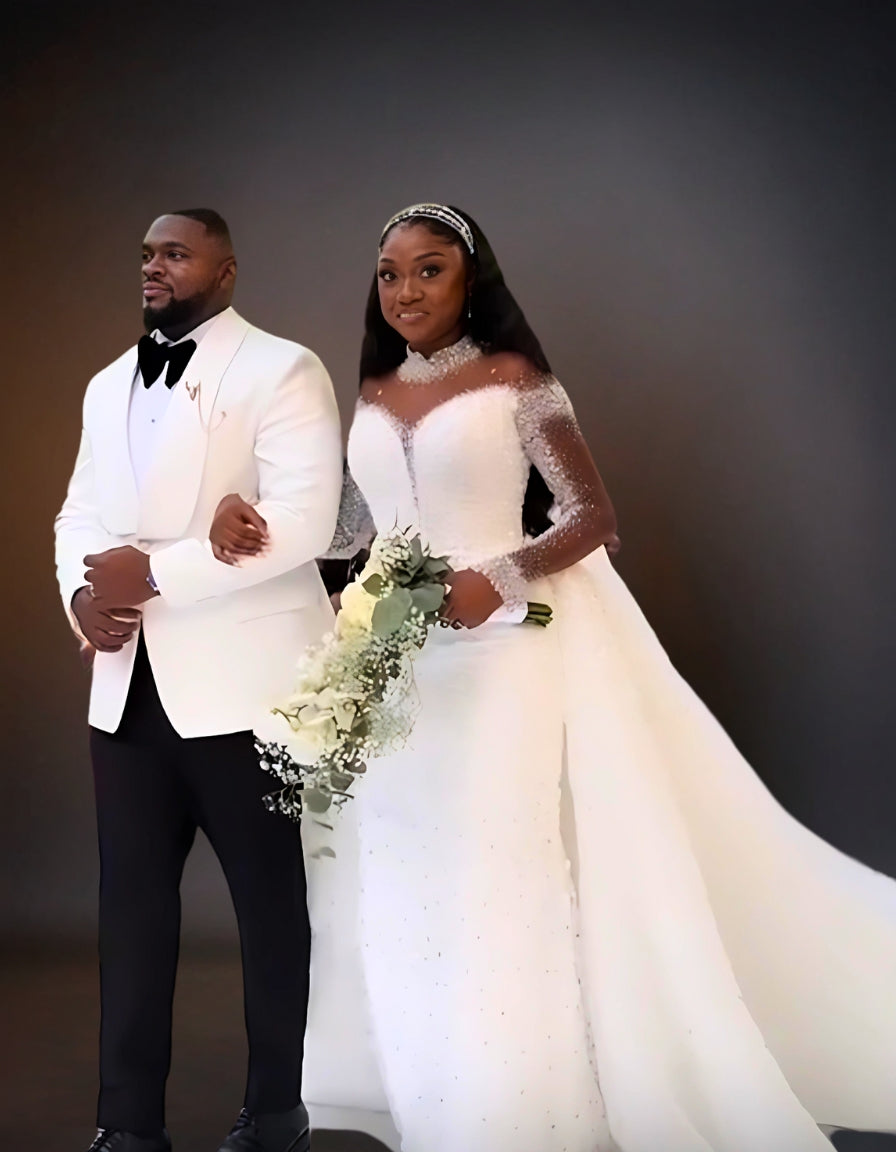 Luxurious Couple Wedding Gown and Suit | White