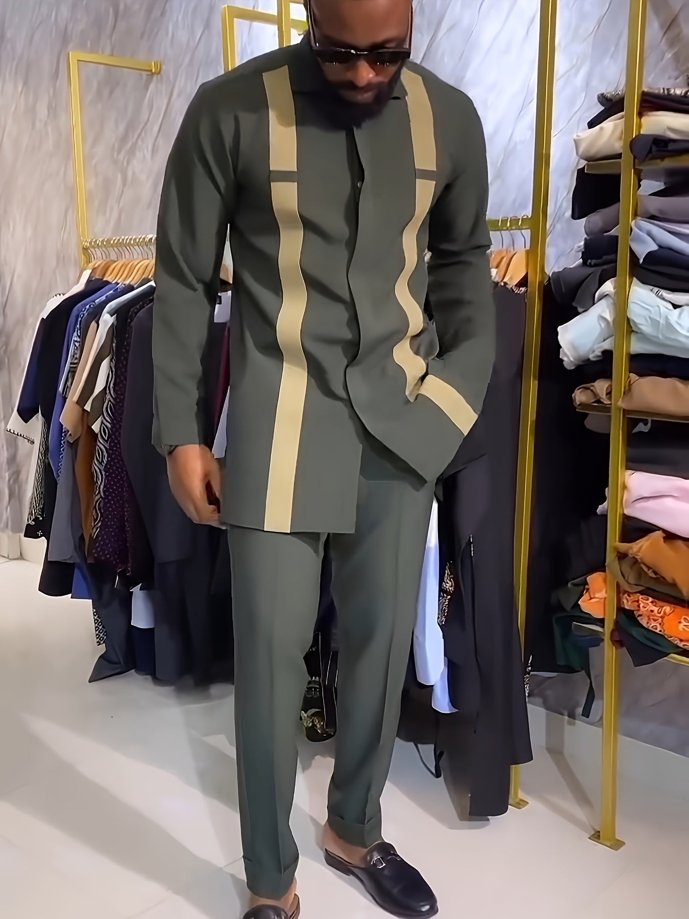 African Men Kaftan, Men's Outfit Set, Stripe Pattern Crew Neck Long Sleeve Robe, Drawstring Trousers