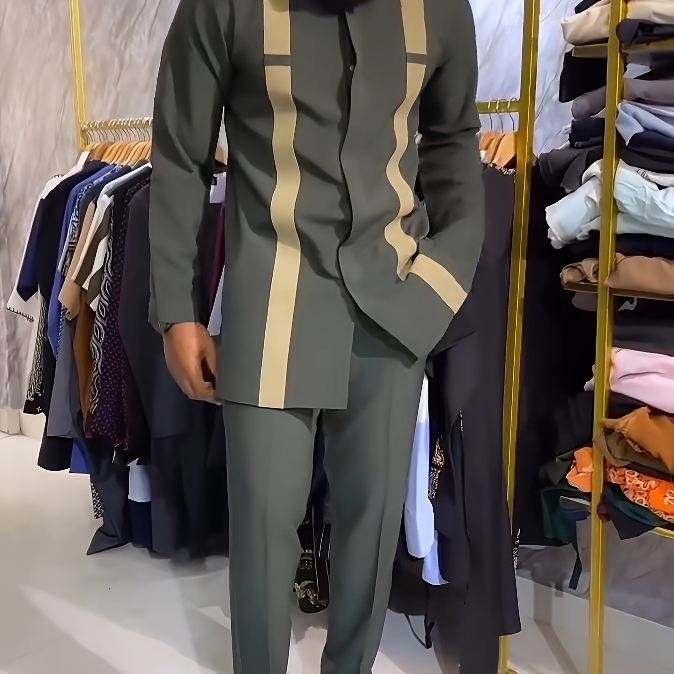 African Men Kaftan, Men's Outfit Set, Stripe Pattern Crew Neck Long Sleeve Robe, Drawstring Trousers