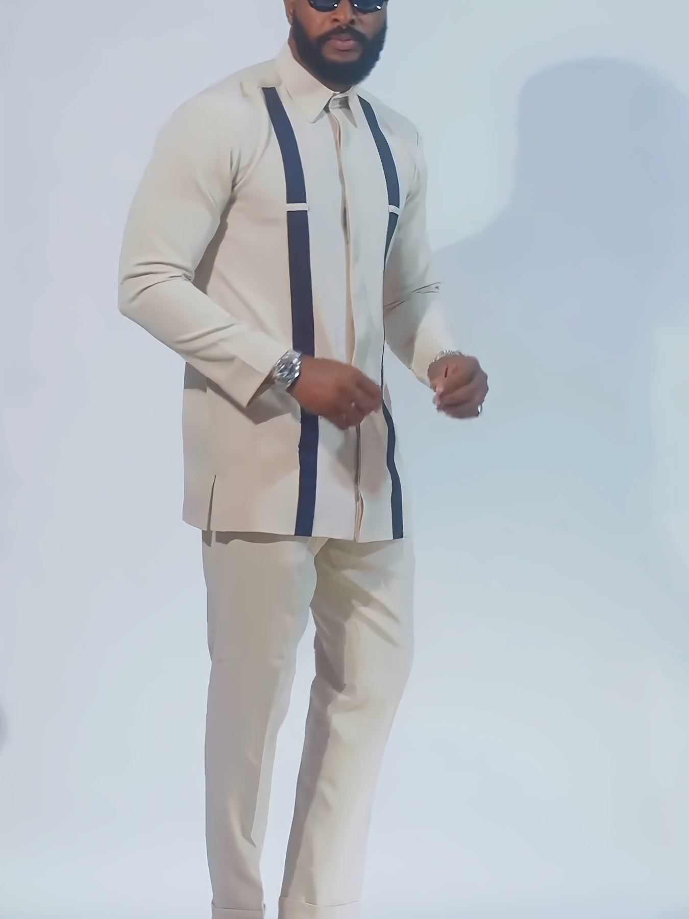 African Men Kaftan, Men's Outfit Set, Stripe Pattern Crew Neck Long Sleeve Robe, Drawstring Trousers
