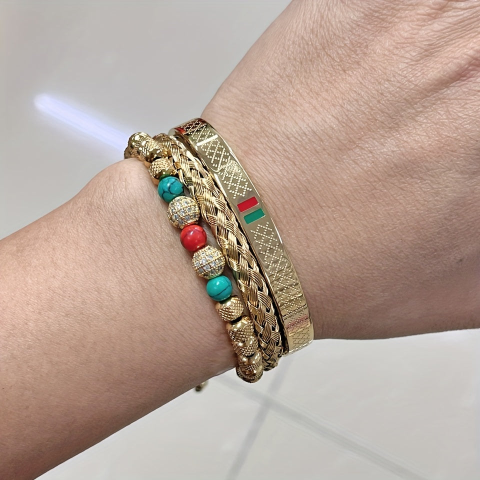 Vibrant Crystal Beaded Bracelets, Men's Fashion Accessories, Couples Jewelry, Enamel Green Red Bangles