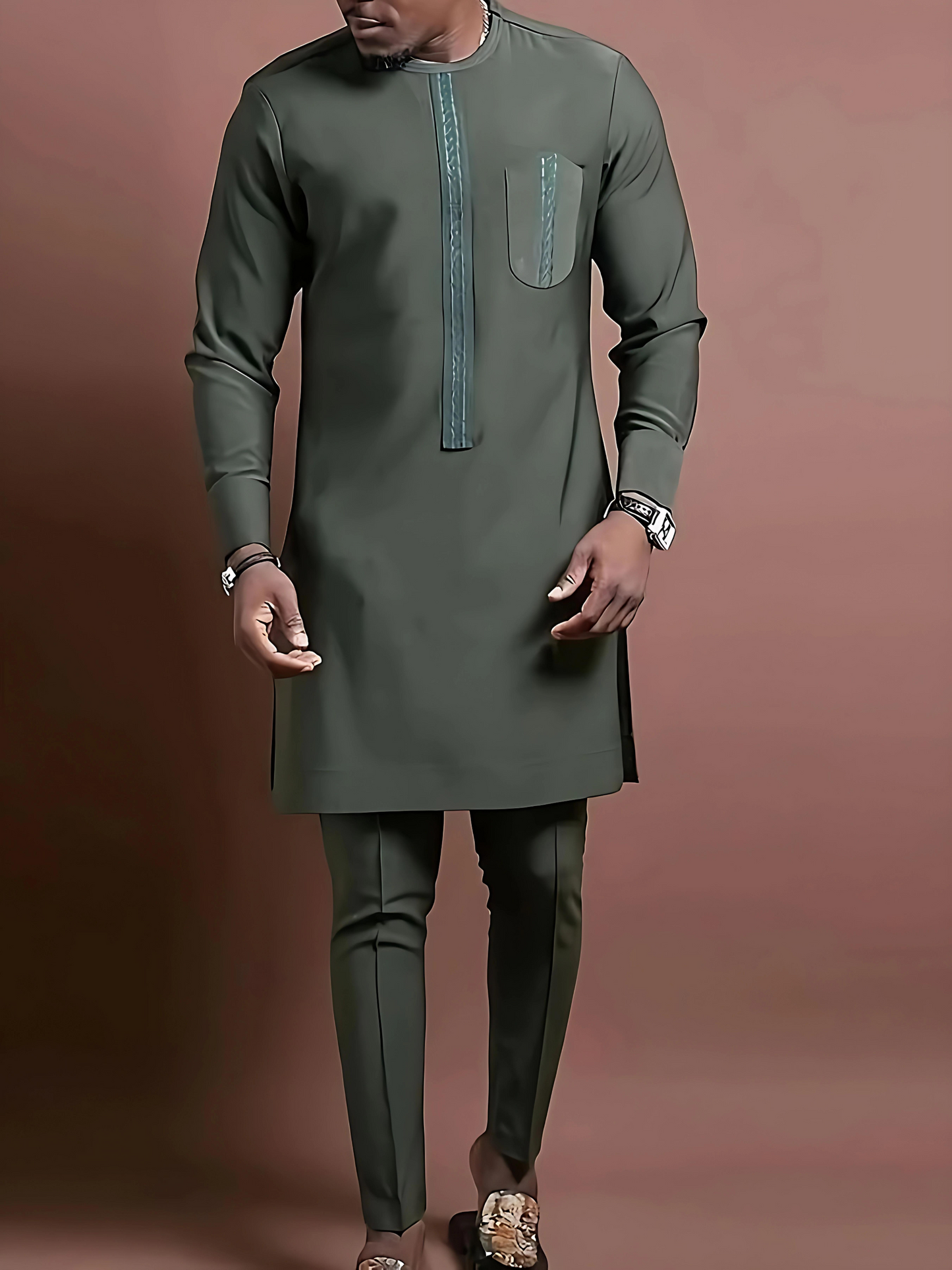 African Men Kaftan, Cultural African Outfit Set, Men's Fashion Ensemble, Crew Neck Shirt, Drawstring Trousers, Affordable Wears