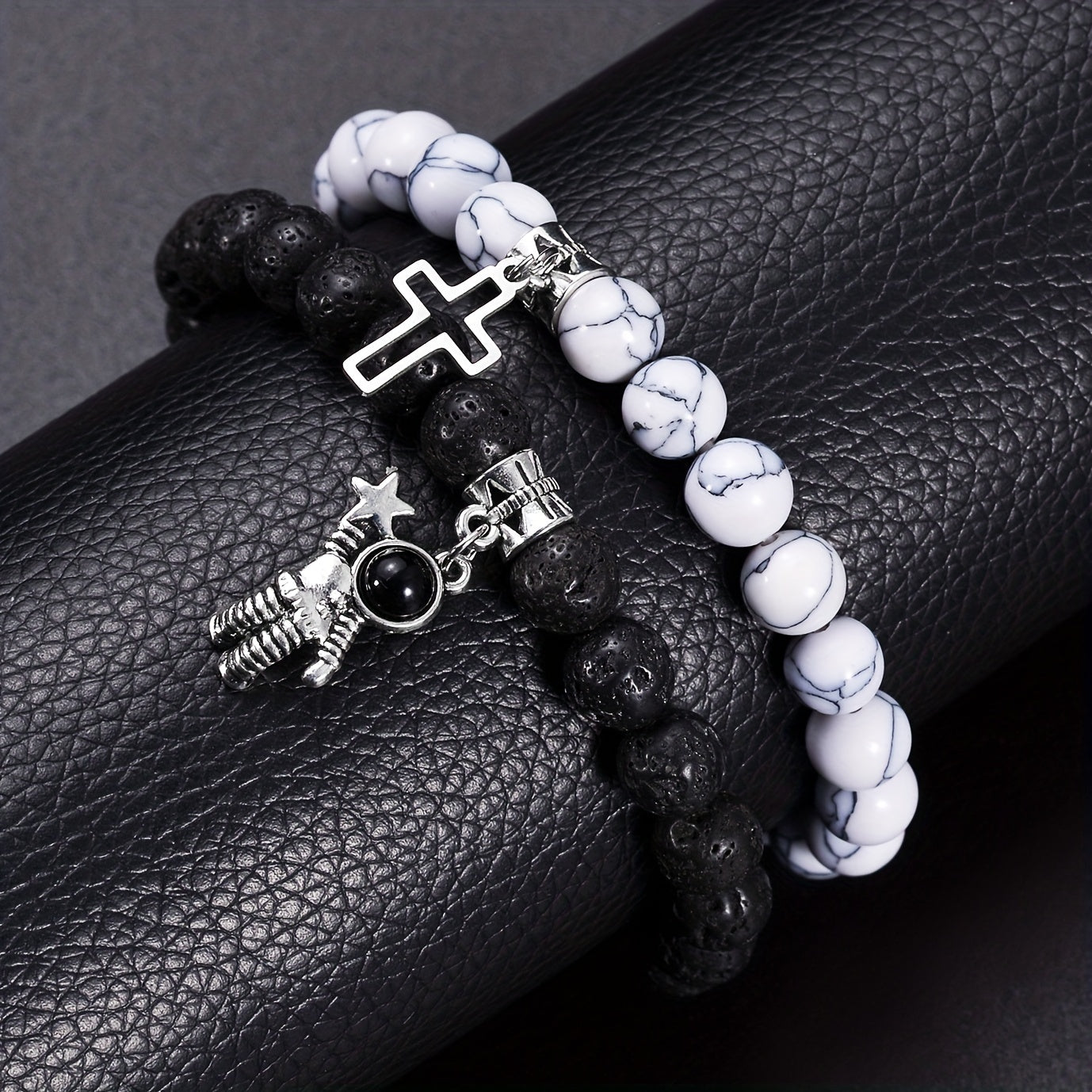 Volcanic Stone Cross Astronaut Pendant Bracelet for Men | Black & White