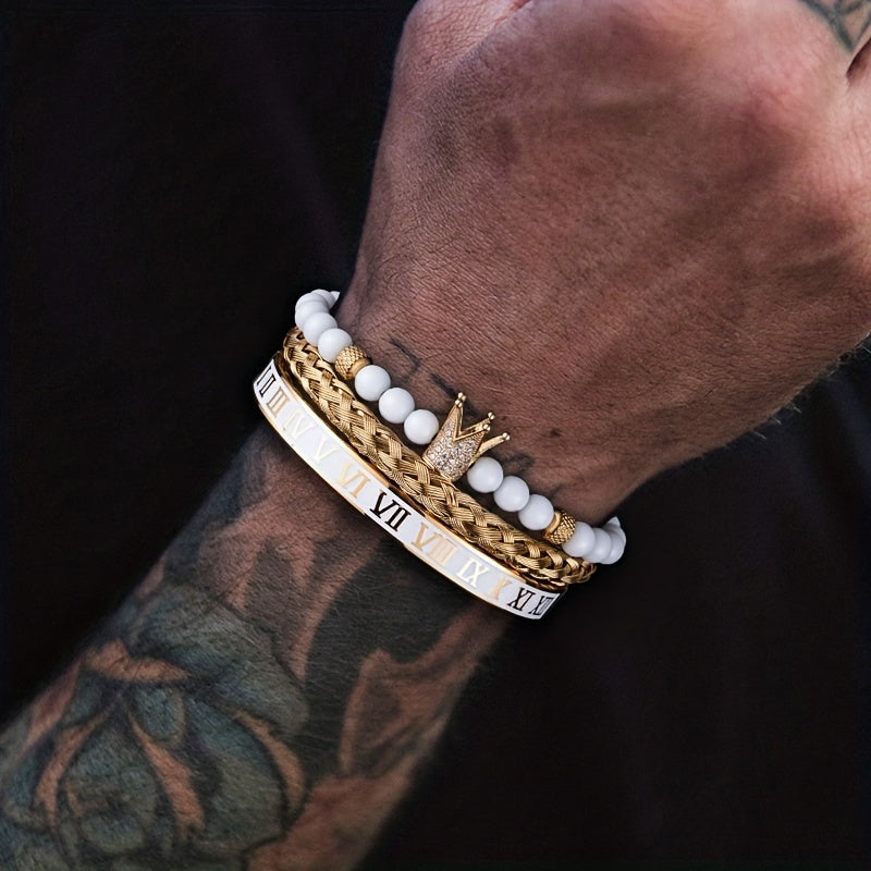 Luxurious gold-plated men's bracelet with skull and Roman numerals design