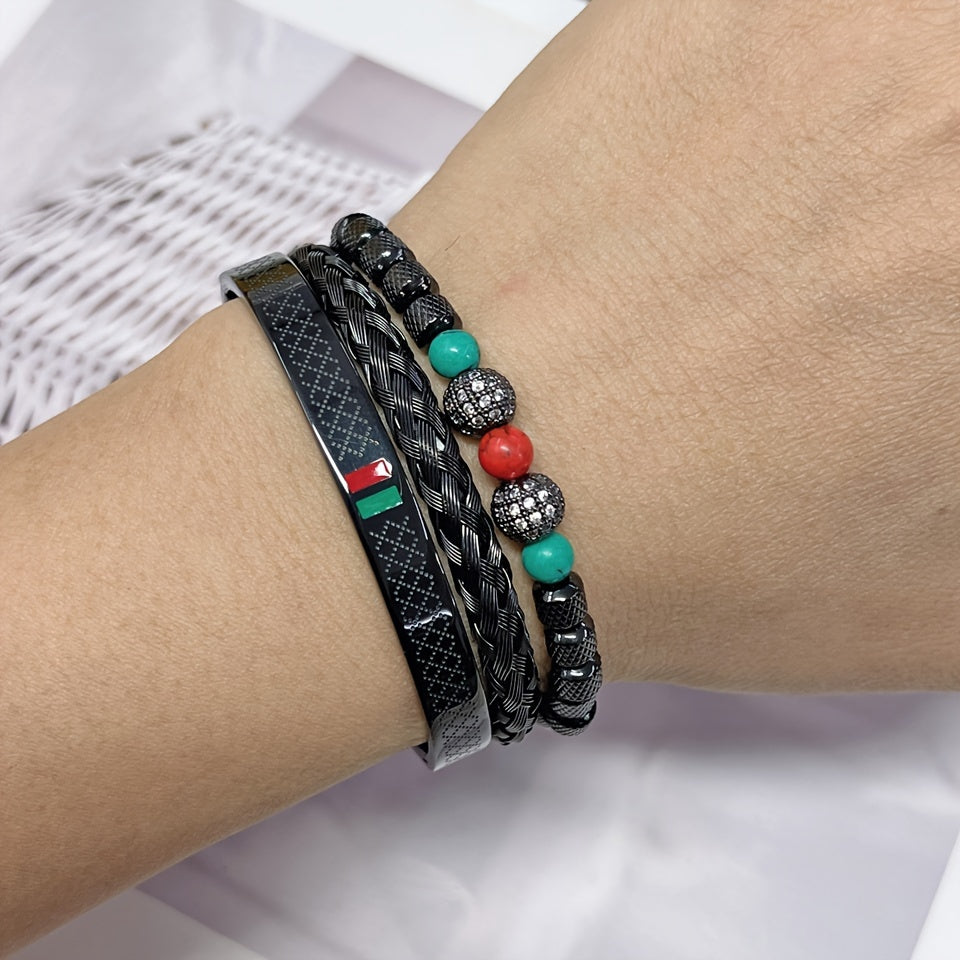 Vibrant Crystal Beaded Bracelets, Men's Fashion Accessories, Couples Jewelry, Enamel Green Red Bangles