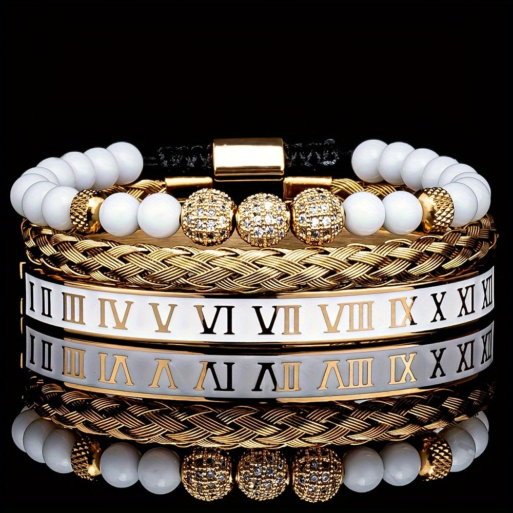 Luxurious gold-plated men's bracelet with skull and Roman numerals design