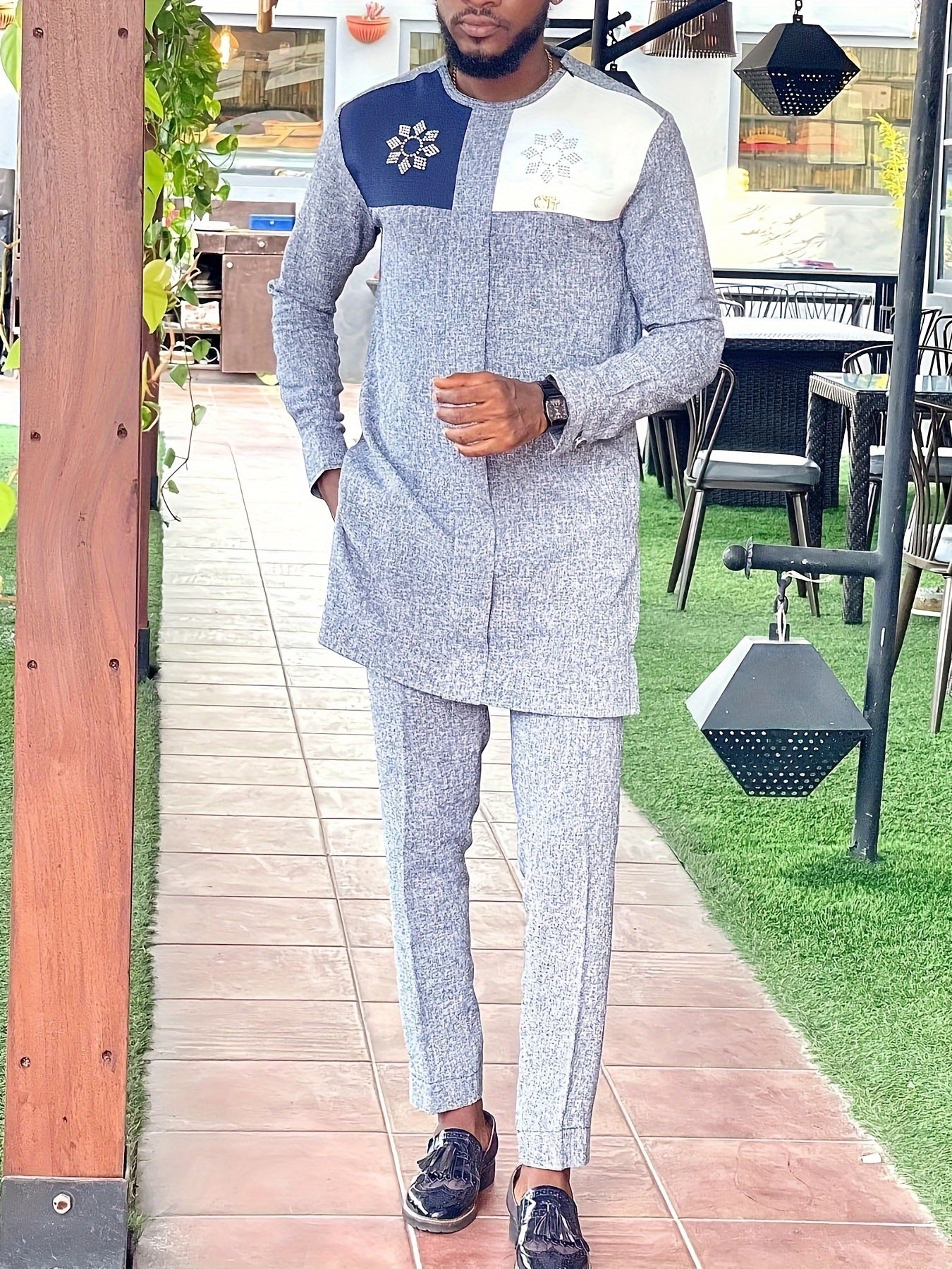African Mens Senator Wear Kaftan | Light Blue & Beige
