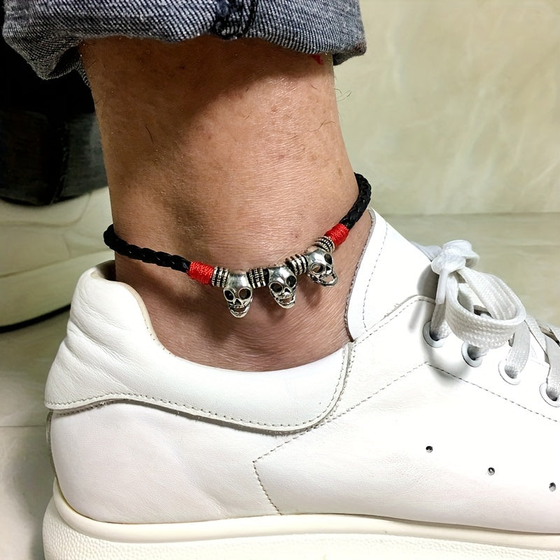 Handmade men's vintage feather anklet in red rope, Classy alloy foot accessory in black rope, Mixed color rope vintage feather anklet for men.